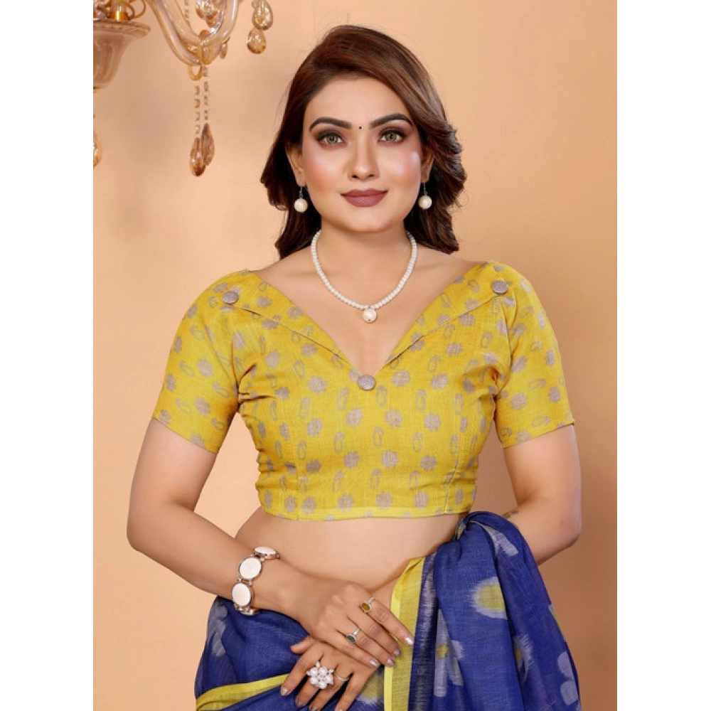 Women's Linen Cotton Printed Saree – Blue