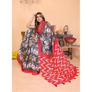 Women's Linen Cotton Printed Saree – Grey