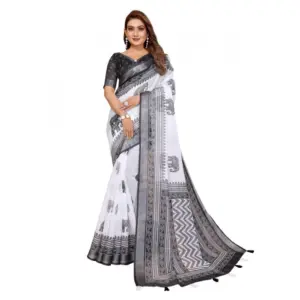 Women's Linen Cotton Printed Saree – White-Black