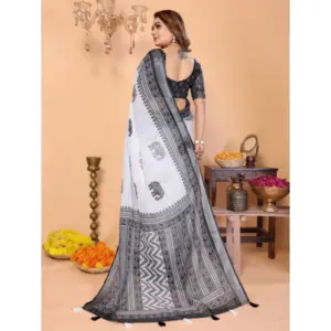 Women's Linen Cotton Printed Saree – White-Black