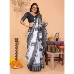 Women's Linen Cotton Printed Saree – White-Black