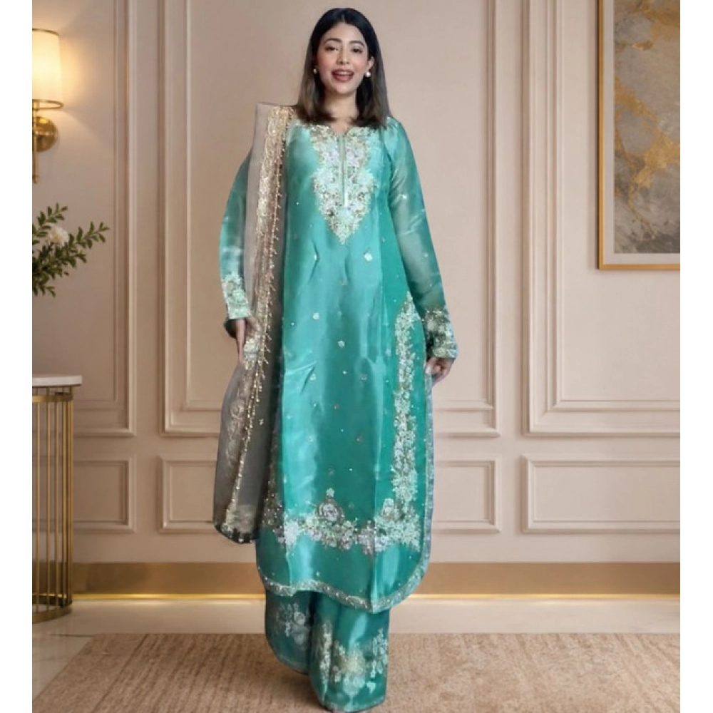 Generic Women's Silk Embroidered 3/4th Sleeve Round Readymade Kurti With Palazzo Pant and Dupatta Set (Sea Green)