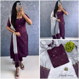 Premium Silk Cotton Kurti Set With Attractive Zari Buttas & Contrast Dupatta
