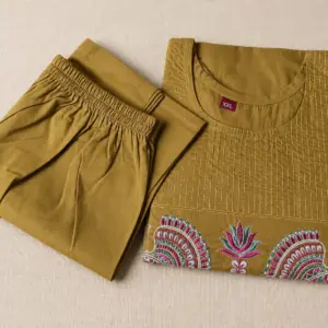 Olive Green Cotton Kurti Set - Elegant