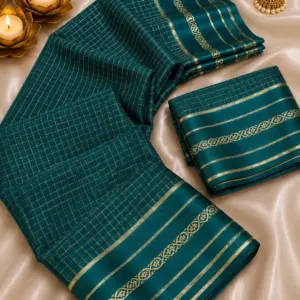 Viscose Georgette Chex Satin Border Saree with Running Blouse
