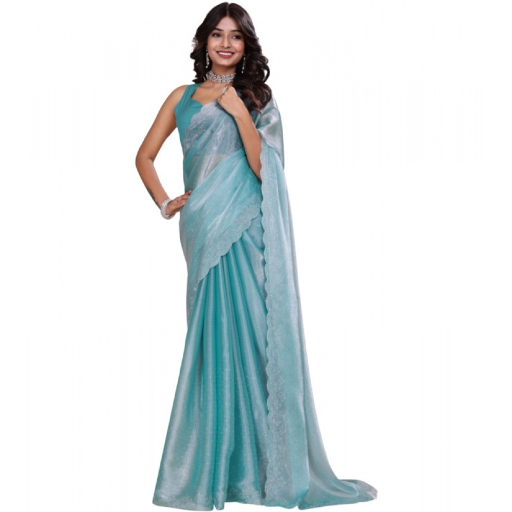 Women's Jimmy Choo Embellished Saree with Blouse – Light Blue