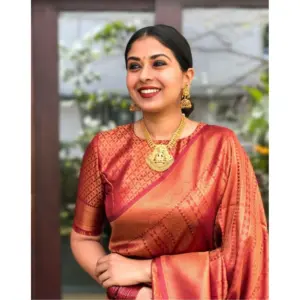 Women's Litchi Silk Printed Saree with Blouse – Red