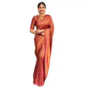 Women's Litchi Silk Printed Saree with Blouse – Red