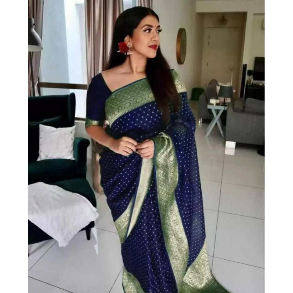 Women's Litchi Silk Printed Saree with Blouse – Blue