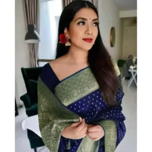 Women's Litchi Silk Printed Saree with Blouse – Blue