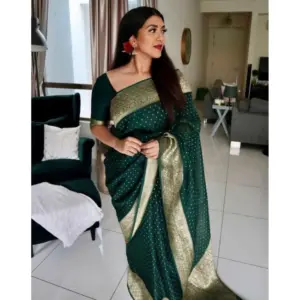 Women's Litchi Silk Printed Saree with Blouse – Green