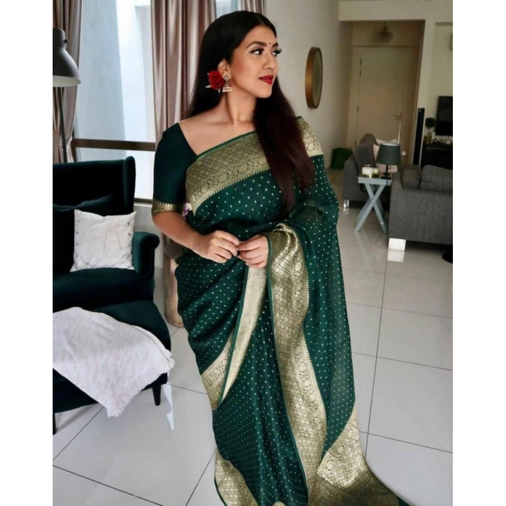 Women's Litchi Silk Printed Saree with Blouse – Green