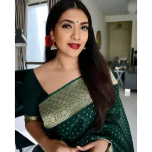 Women's Litchi Silk Printed Saree with Blouse – Green