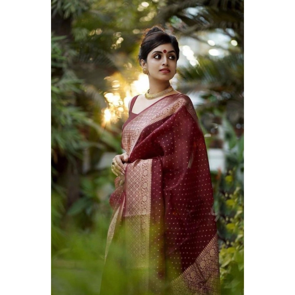 Women's Litchi Silk Printed Saree with Blouse – Maroon