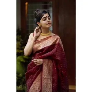 Women's Litchi Silk Printed Saree with Blouse – Maroon