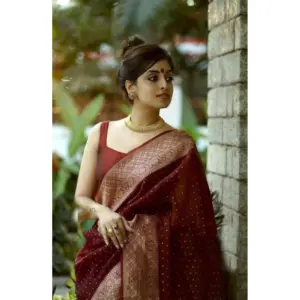 Women's Litchi Silk Printed Saree with Blouse – Maroon