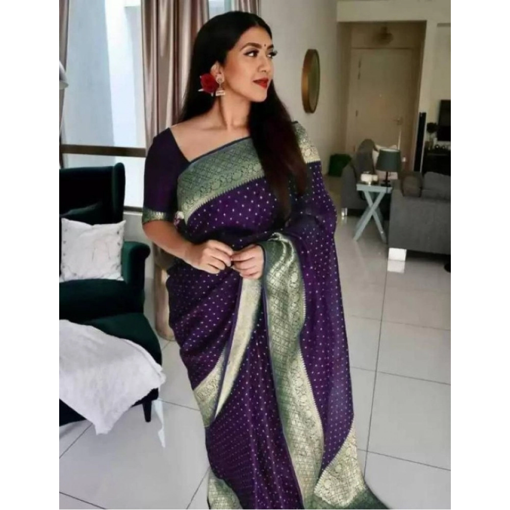 Women's Litchi Silk Printed Saree with Blouse – Purple