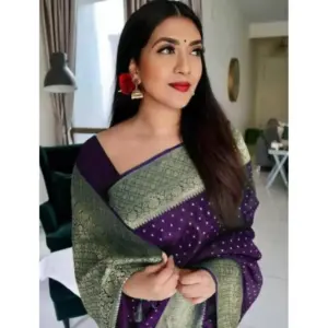 Women's Litchi Silk Printed Saree with Blouse – Purple