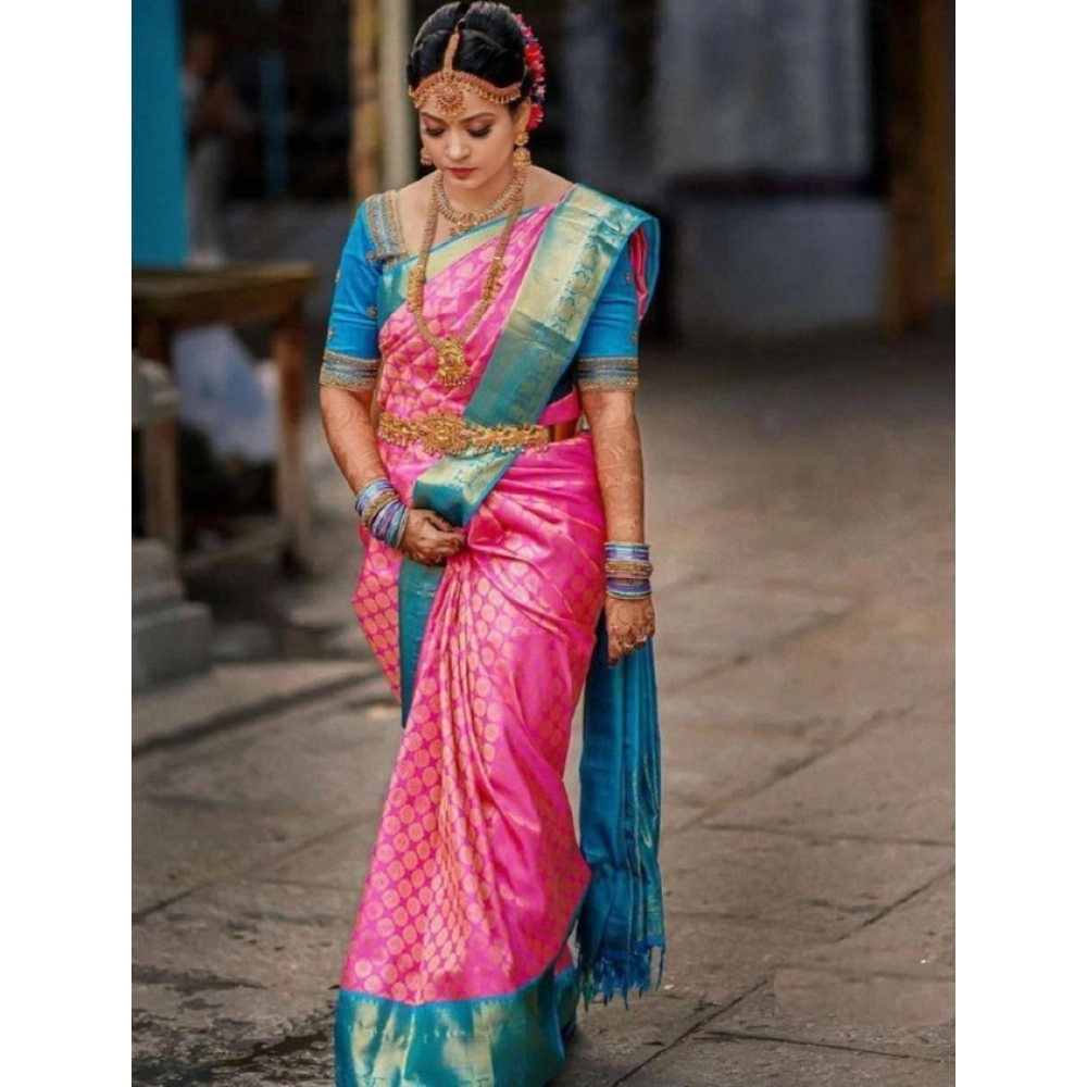 Women's Litchi Silk Printed Saree with Blouse – Pink