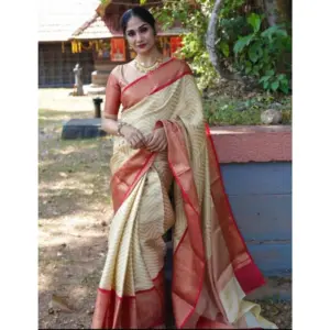 Women's Litchi Silk Printed Saree with Blouse – Beige