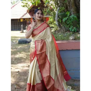 Women's Litchi Silk Printed Saree with Blouse – Beige