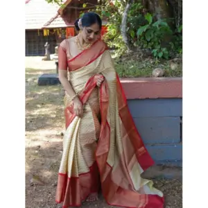 Women's Litchi Silk Printed Saree with Blouse – Beige