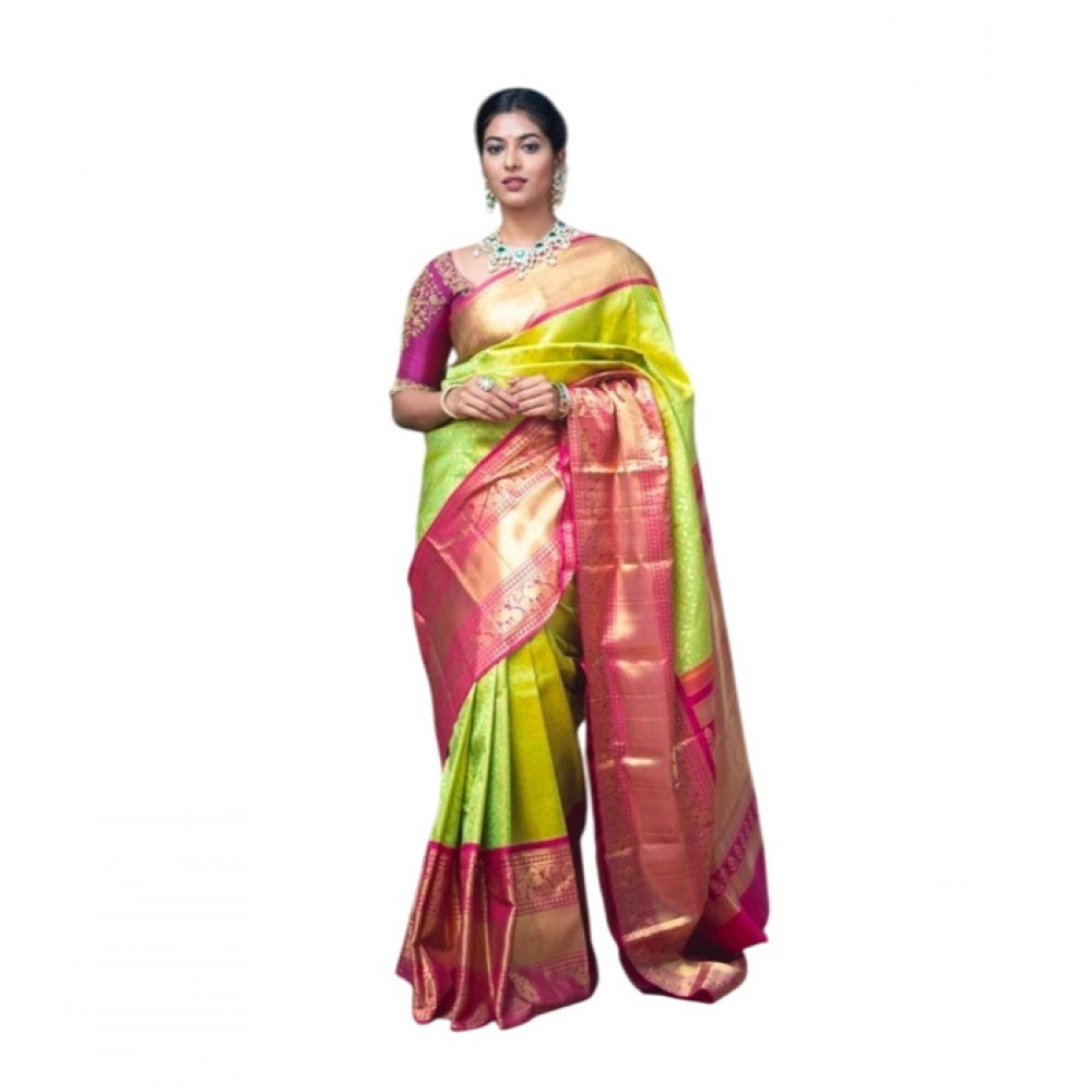 Women's Litchi Silk Printed Saree with Blouse – Green