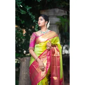Women's Litchi Silk Printed Saree with Blouse – Green