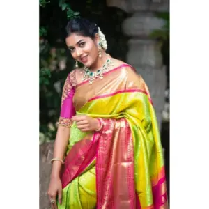 Women's Litchi Silk Printed Saree with Blouse – Green