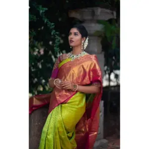 Women's Litchi Silk Printed Saree with Blouse – Green