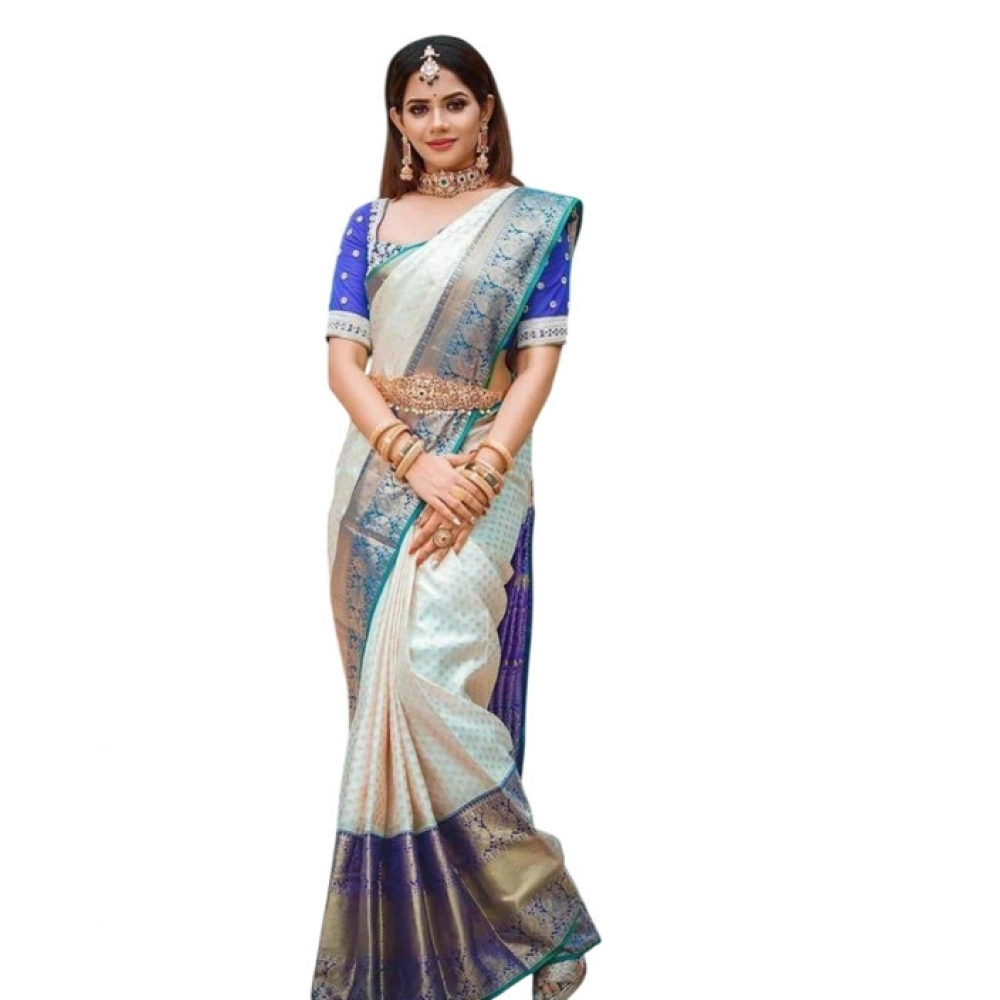 Women's Litchi Silk Printed Saree with Blouse – Off White