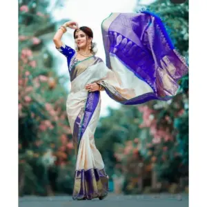 Women's Litchi Silk Printed Saree with Blouse – Off White
