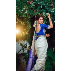 Women's Litchi Silk Printed Saree with Blouse – Off White