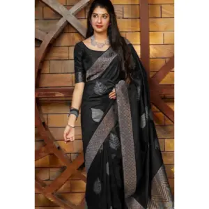 Women's Litchi Silk Printed Saree with Blouse – Black