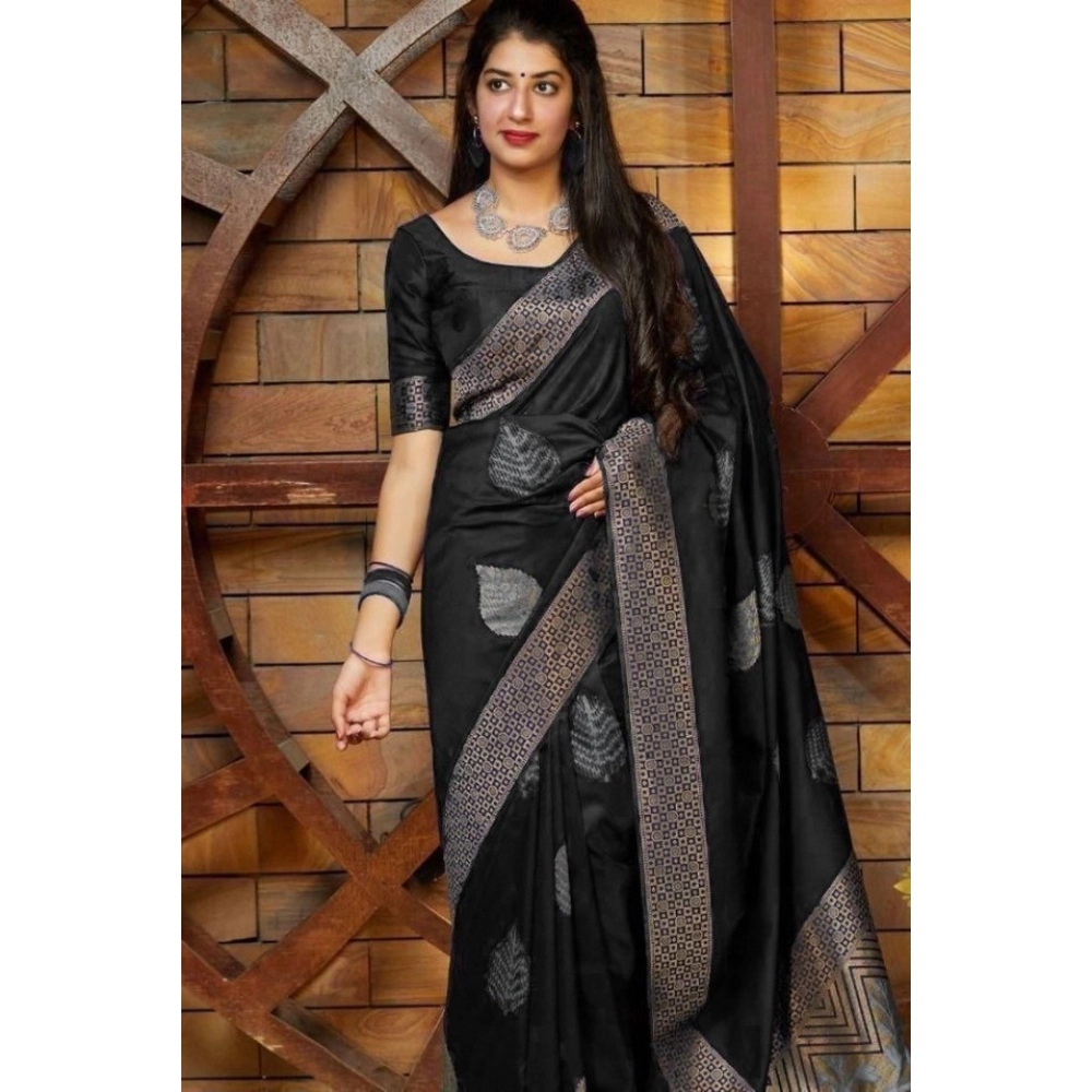 Women's Litchi Silk Printed Saree with Blouse – Black