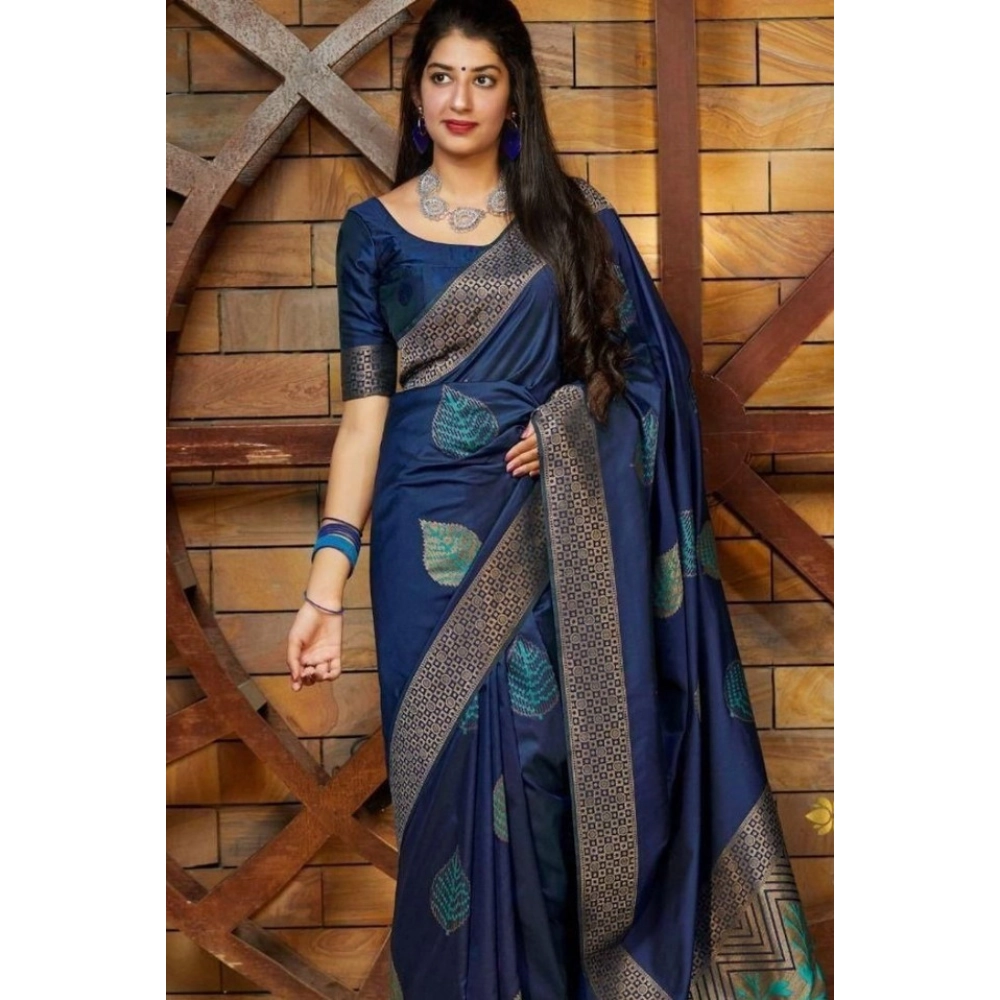 Women's Litchi Silk Printed Saree with Blouse – Blue