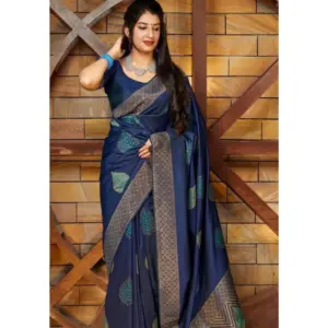 Women's Litchi Silk Printed Saree with Blouse – Blue