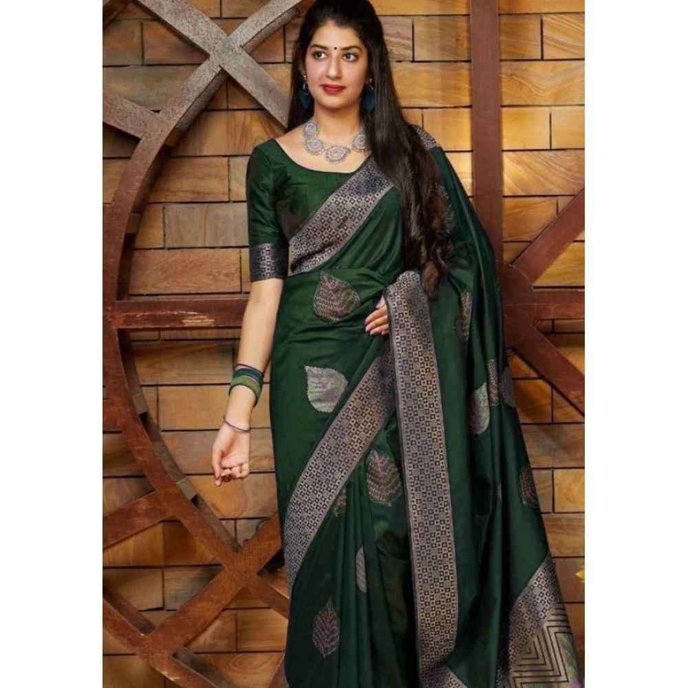 Women's Litchi Silk Printed Saree with Blouse – Green