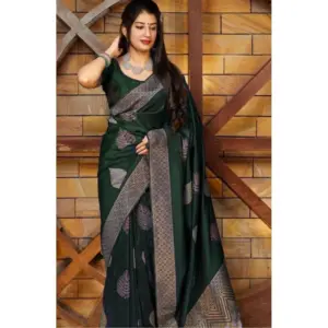 Women's Litchi Silk Printed Saree with Blouse – Green
