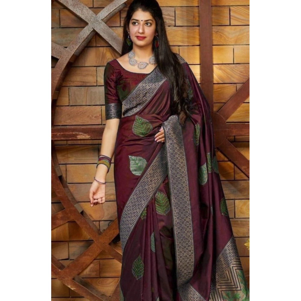 Women's Litchi Silk Printed Saree with Blouse – Maroon