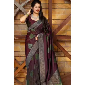 Women's Litchi Silk Printed Saree with Blouse – Maroon