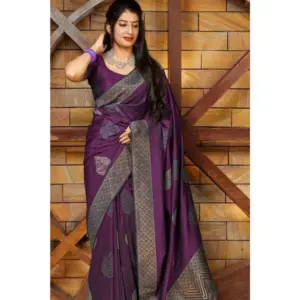Women's Litchi Silk Printed Saree with Blouse – Purple