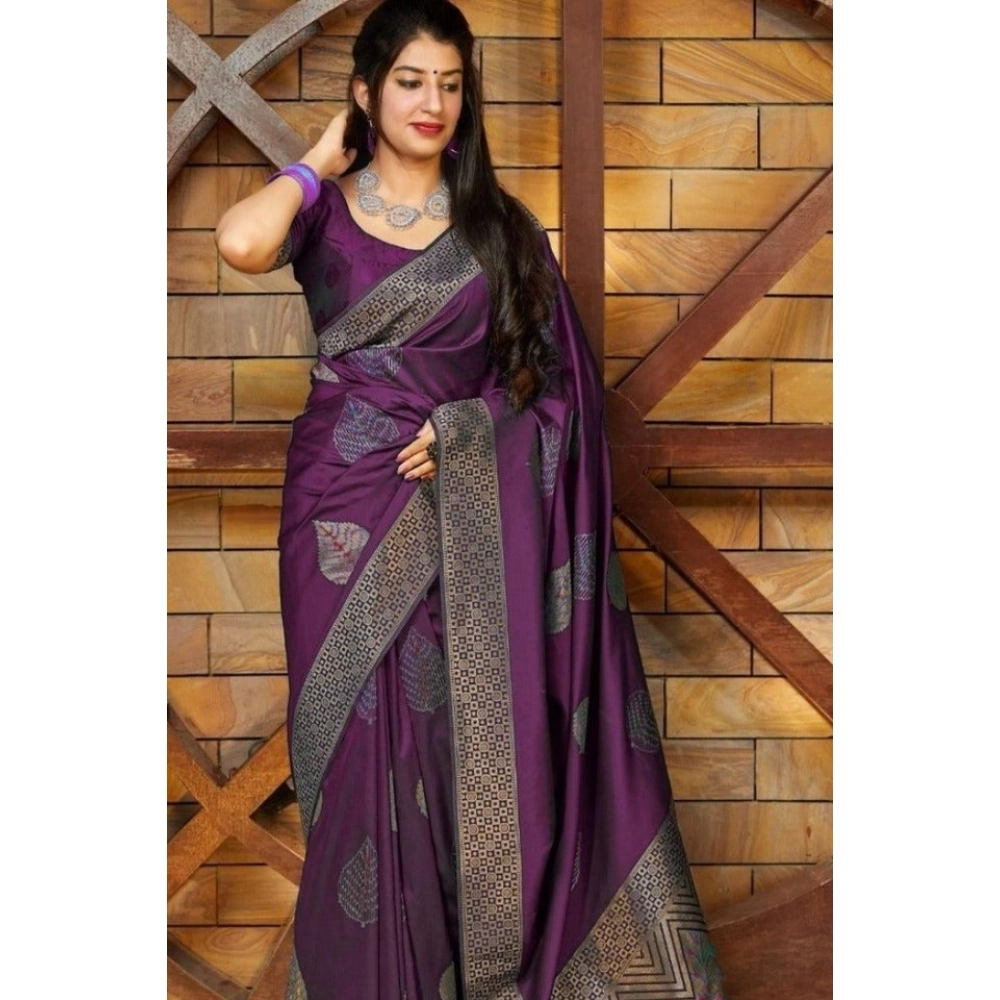 Women's Litchi Silk Printed Saree with Blouse – Purple