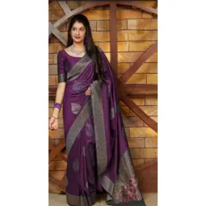 Women's Litchi Silk Printed Saree with Blouse – Purple