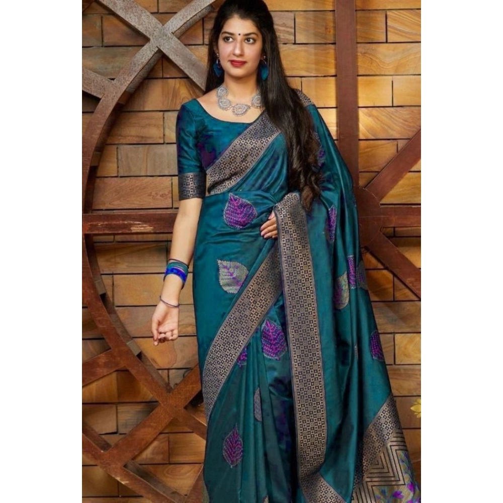 Women's Litchi Silk Printed Saree with Blouse – Rama Blue