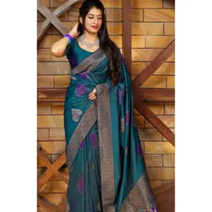 Women's Litchi Silk Printed Saree with Blouse – Rama Blue