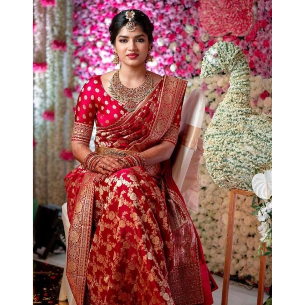 Women's Litchi Silk Printed Saree with Blouse – Red