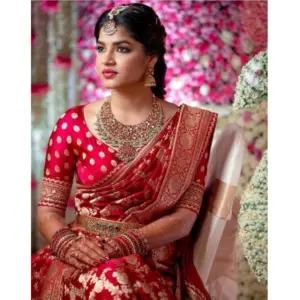 Women's Litchi Silk Printed Saree with Blouse – Red