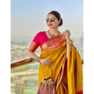 Women's Litchi Silk Printed Saree with Blouse – Yellow