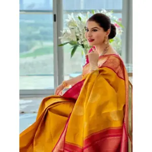 Women's Litchi Silk Printed Saree with Blouse – Yellow